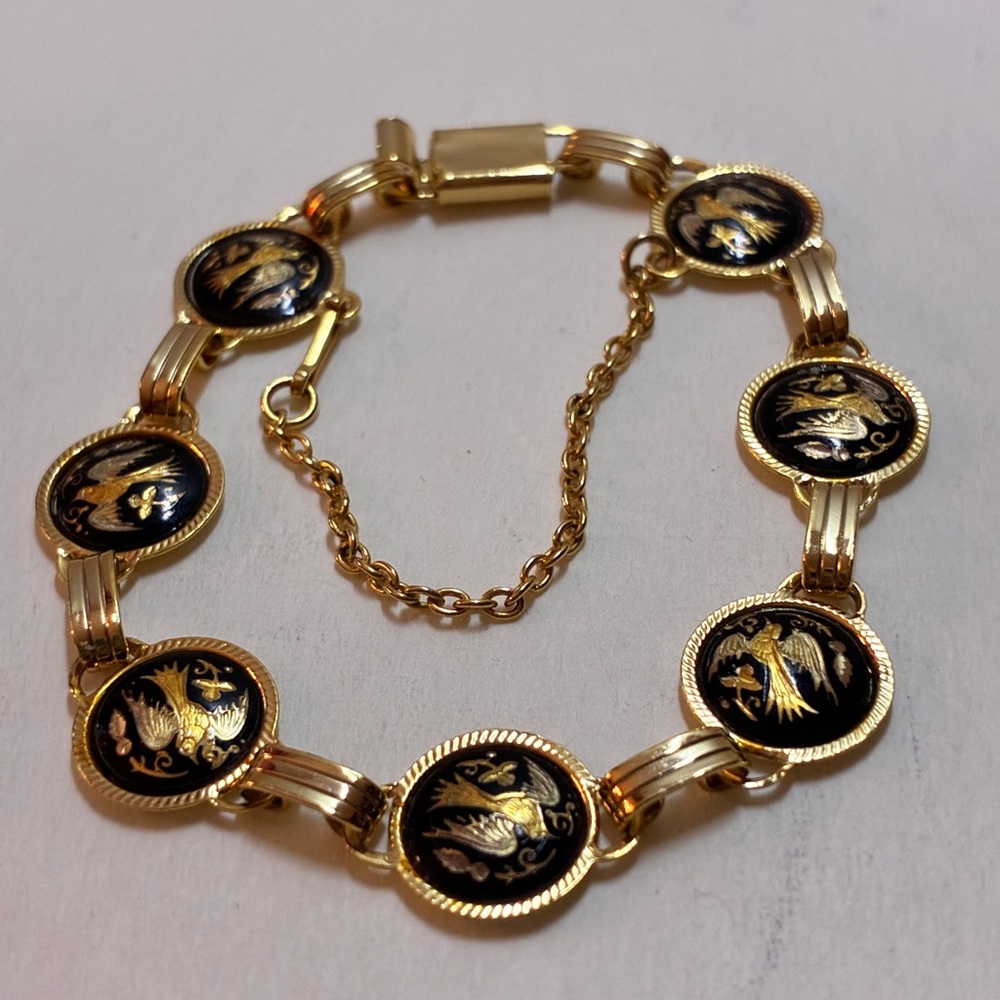 Vintage Damascene with Birds in  Gold Tone Setting with Safety Chain 6.5” Inches